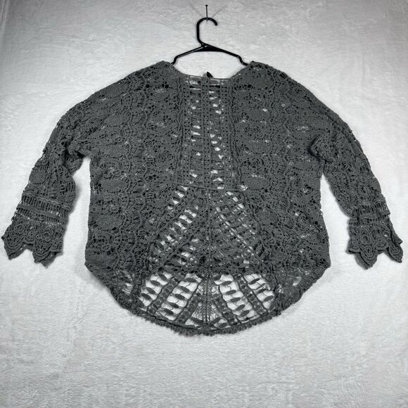 XCVI Crochet Sheer Cover-Up Pullover Tunic Top 100% Cotton Putty Gray - Picture 8 of 13